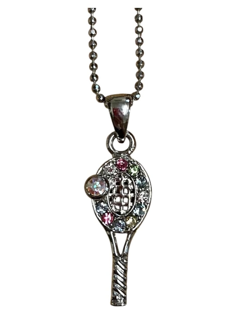 Silver Tone Swarovski Crystal Multicolor Tennis Racket and Ball Pendant Necklace